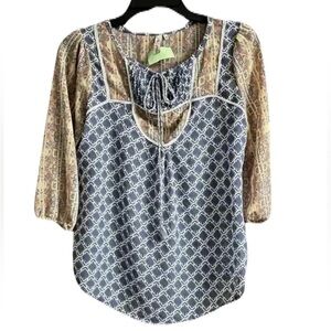 Red Camel Blue 3/4 Sleeve Tie Front Blouse Size XS